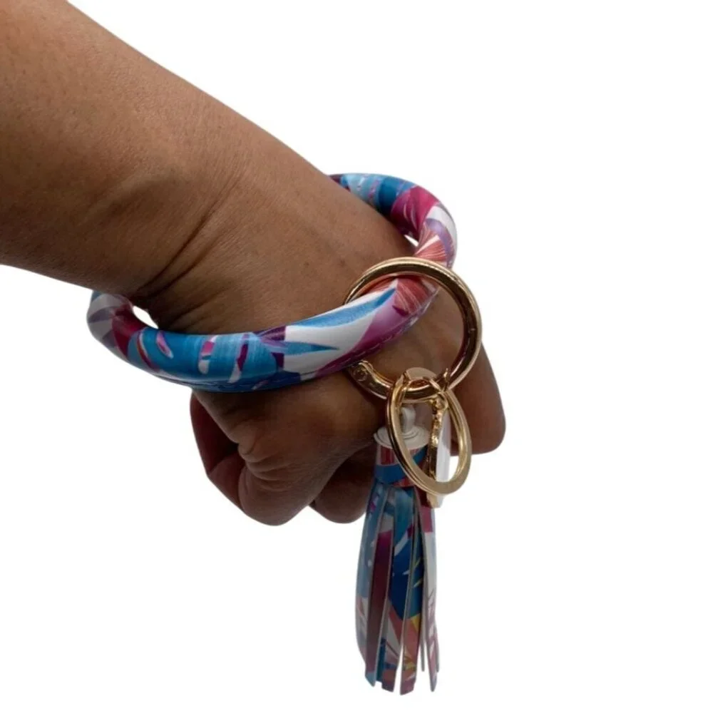 Leather‎ Tassel Bangle Keychain Beach Leaves Design Gold Charms & Rings Wristlet